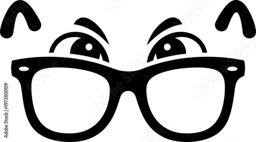 Stylized black silhouette of cartoon eyes peering over thick-rimmed glasses.