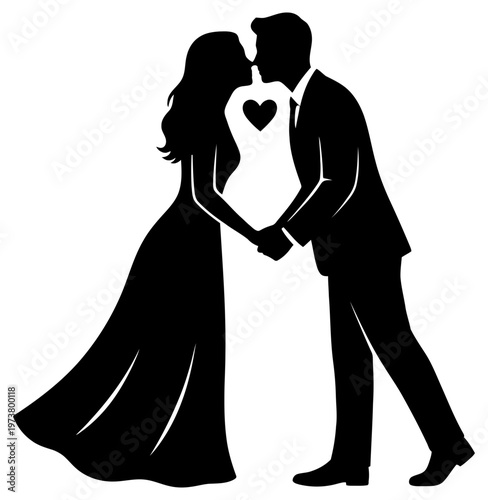 Couple silhouette romantic kiss pose with heart love relationship coloring page illustration