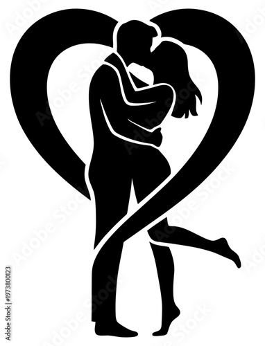 Couple silhouette inside heart romantic love pose elegant relationship coloring page design
