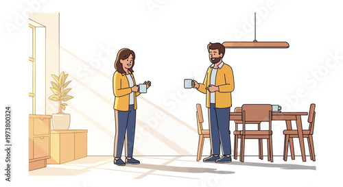 Colleagues Greeting With Coffee in Sunlit Breakroom