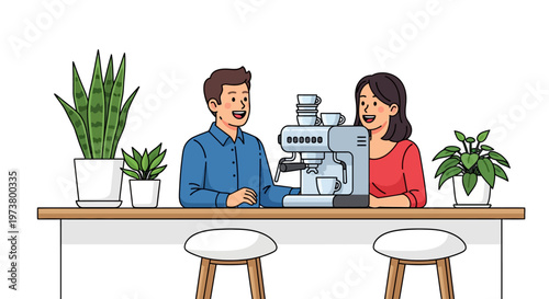 Colleagues Laughing by Office Espresso Machine