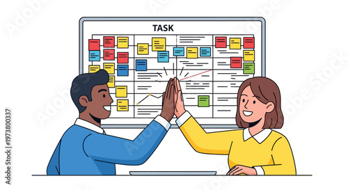 Colleagues High Fiving at Office Kanban Board