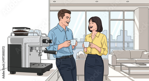 Colleagues Socializing Over Coffee in Bright Lounge