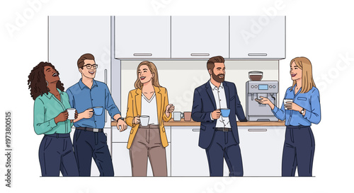 Diverse Professionals Socializing in Modern Office Kitchen