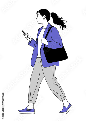 Young woman walks, phone in hand, bag slung over shoulder. She wears casual outfit, light gray pants, blue shoes. Her hair is tied back, flowing slightly with motion