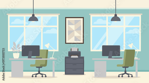 Modern minimalist office interior with two workstations and window view