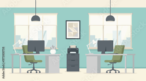 Modern minimalist office interior with dual workstations and city view