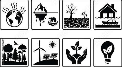 Climate Change and Environmental Impact Silhouette Icon SetClimate Change and Environmental Impact Silhouette Icon Set
