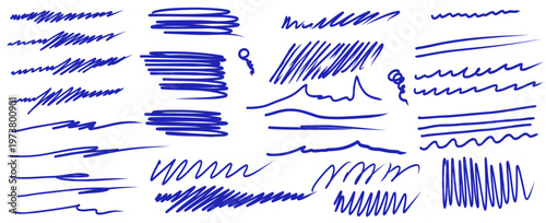 Set of hand drawn scribble pen blue line. Sloppy hatching, highlighter for trend modern design. Scratch texture sketchy graphic design element. Template vector illustration ballpoint round swirl