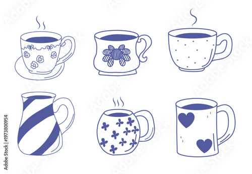 Hand drawn hot drinks set. Doodle coffee cups in blue. Coffee, tea.Vector illustration