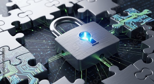 Metallic padlock with digital circuit puzzle pieces security concept