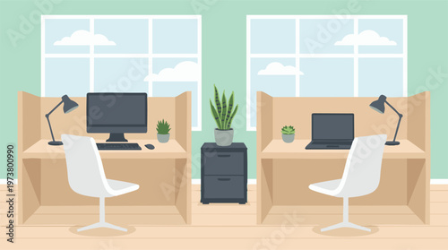 Modern Office Cubicles with Desks, Computers, and Green Plants Illustration