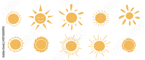 Orange doodle sun, icons set in doodle style. Sunset simple graphic symbols. Summer heat icons. Vector illustration