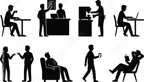 Cafe Culture Silhouette Set Featuring People Drinking Coffee and WorkingCafe Culture Silhouette Set Featuring People Drinking Coffee and Working
