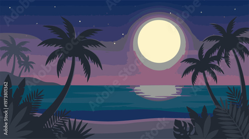 Full moon over tropical beach with palm trees and ocean at night