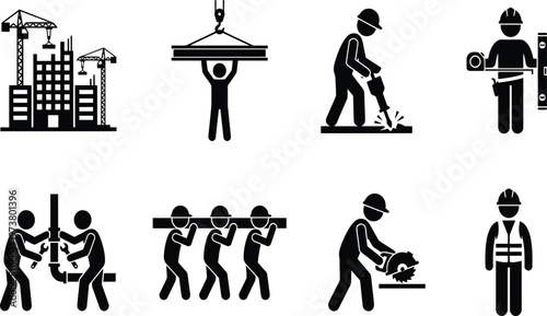 Construction Worker Pictogram Set Featuring Building Site Activities and ToolsConstruction Worker Pictogram Set Featuring Building Site Activities and Tools