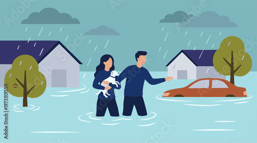 Man and woman with dog wading through floodwaters during heavy rain