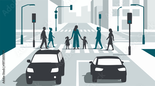 Tableau sur toile Urban crosswalk scene with pedestrians, family, and stopped cars