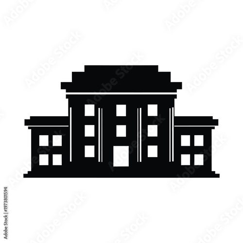 a black and white illustration of a classic vintage building with a symmetrical design