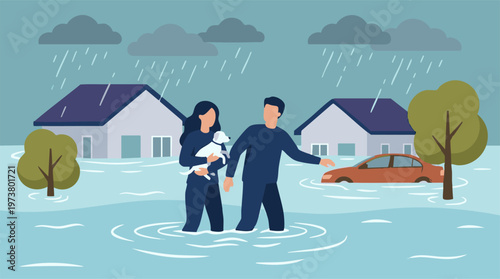 Couple and pet evacuating from flooded homes during heavy rain