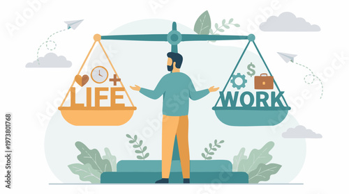 Work life balance concept: man weighing career and personal life priorities