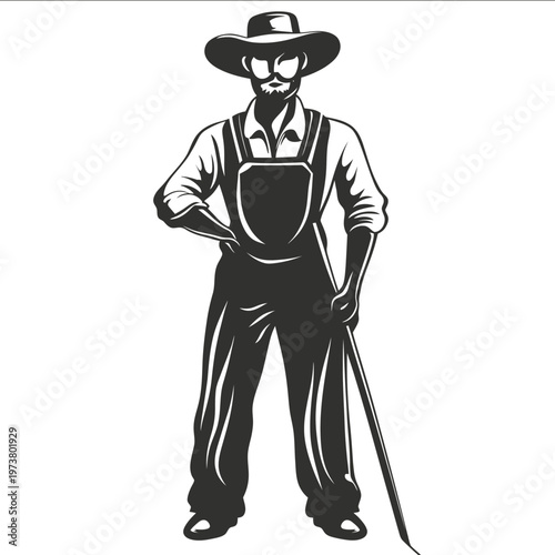 vector Farmer with pitchfork silhouette black on white background simple shapes svg vector graphic