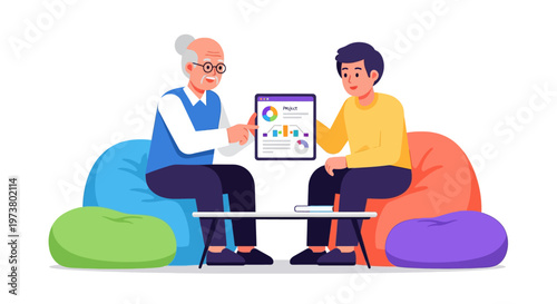 Senior Mentor Training New Employee on Tablet