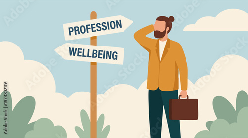 Career vs Wellbeing: Man's Dilemma at a Crossroads Signpost