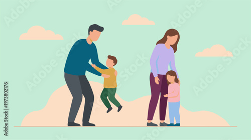 Family separation concept with parents and children standing apart illustration