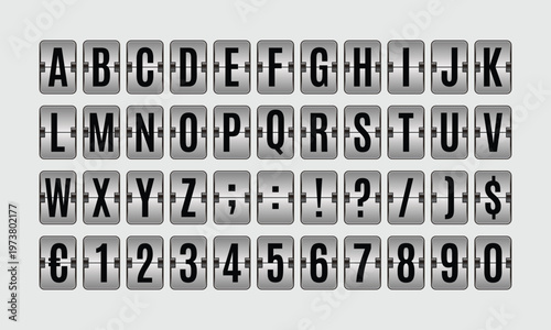 Vector set of retro flipboard alphabet letters and symbols in airport departure board style, mechanical split flap typography collection for travel displays, signage, UI and graphic design	
