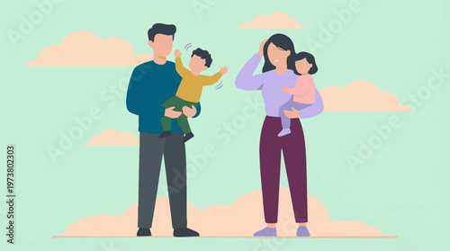 Frustrated parents coping with difficult children and family stress