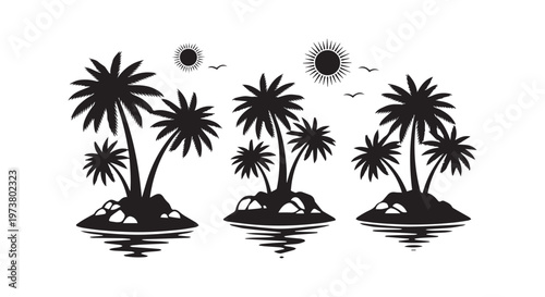 A serene tropical scene featuring palm trees silhouetted against a moonlit sky with a full moon shining brightly
