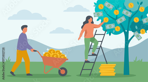 People collecting money from a flourishing tree, symbolizing financial growth and investment