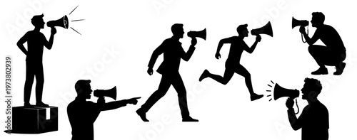 Set of man with megaphone silhouettes in different poses, protest announcement and public speaking concept, isolated black figures for poster or banner design