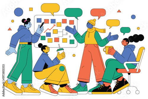 Diverse creative team brainstorming ideas on kanban board during agile management session.