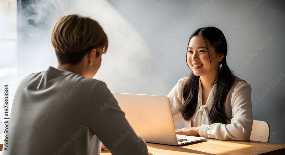 Obraz premium Smiling asian business woman interviewing candidate in bright office