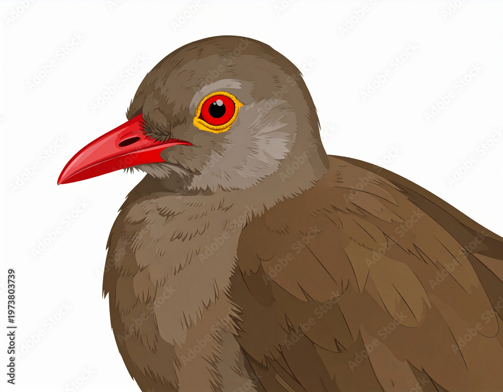 Fototapeta premium Detailed illustration of a red-billed oxpecker bird (Buphagus erythrorhynchus) isolated on white background. Educational wildlife artwork ideal for zoology, nature, and bird identification concepts.