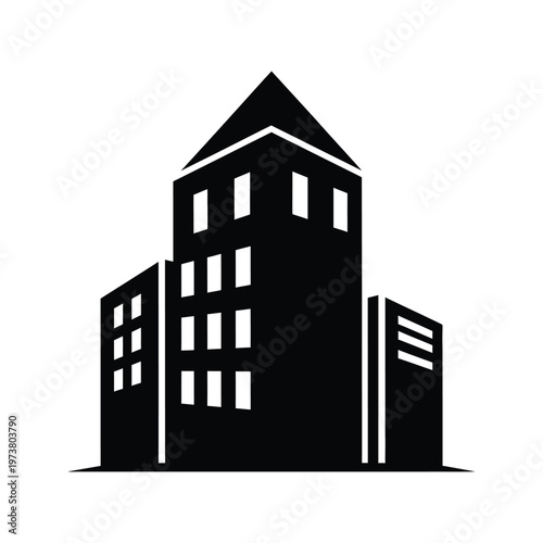 Modern black and white minimalist house design with geometric windows and slanted roof