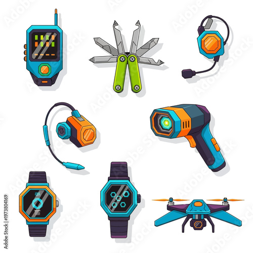 Gadget Collection: Smartwatch, Drone, Multi-tool, Walkie-Talkie, Headset, IR Thermometer
