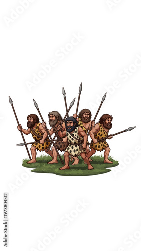 Cavemen Warriors with Spears, Prehistoric Tribe Group, Ancient Hunters