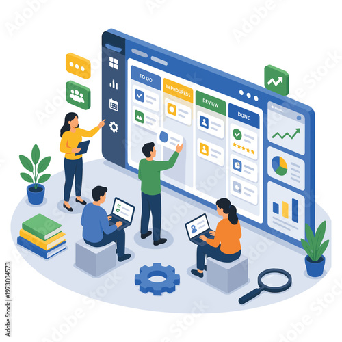 Team managing agile project workflow on digital kanban board with isometric illustration.