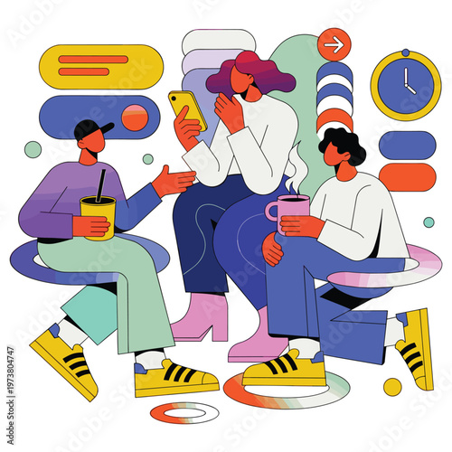 Three young adults engaging in casual conversation and social media on smartphones.