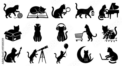 A diverse collection of black cat silhouettes engaged in various human-like activities and hobbies, depicting playful and intelligent feline characters.