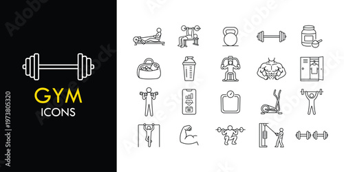 Gym line icon set, outline web icon collection containing Dumbbell, Barbell, Workout and more, vector illustration in line style