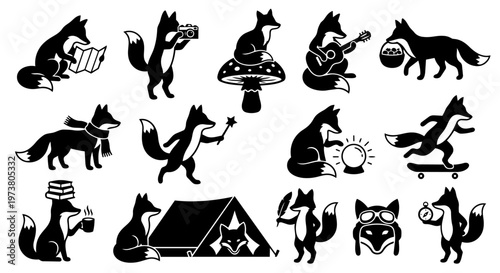 Whimsical black and white silhouettes fox character set showcasing various hobbies and adventures, ideal for children's designs and nature-themed projects.