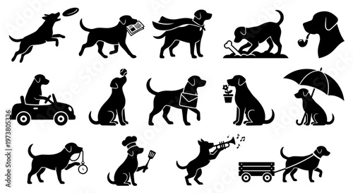 Collection of playful black dog silhouettes illustrating various activities and human-like actions, perfect for pet-related designs and concepts.