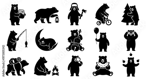 A diverse collection of black bear silhouette illustrations depicting various activities and adventures, perfect for nature, wildlife, and outdoor-themed designs.