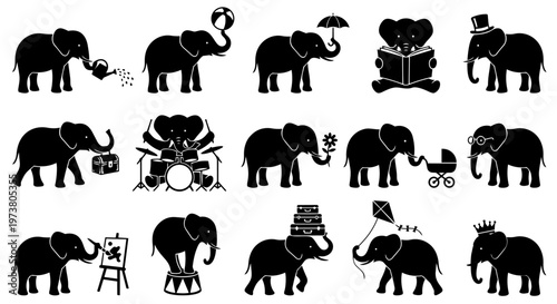 A diverse collection of black elephant silhouettes engaged in various playful and heartwarming activities, perfect for children's themes and educational designs.