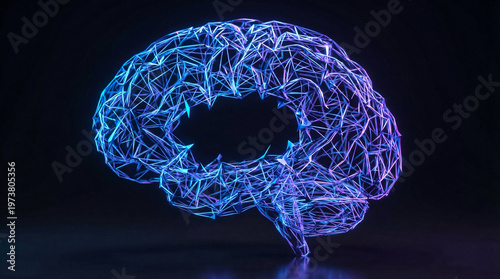 3D render of glowing human brain made of neural network lines on dark background