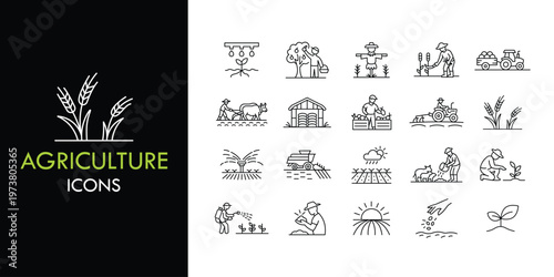 Agriculture line icon set, outline web icon collection containing Farming, Tractor, Crops and more, vector illustration in line style